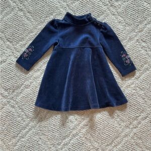 Baby Gap Velvet Navy Blue Kids Dress with Floral Embroidery